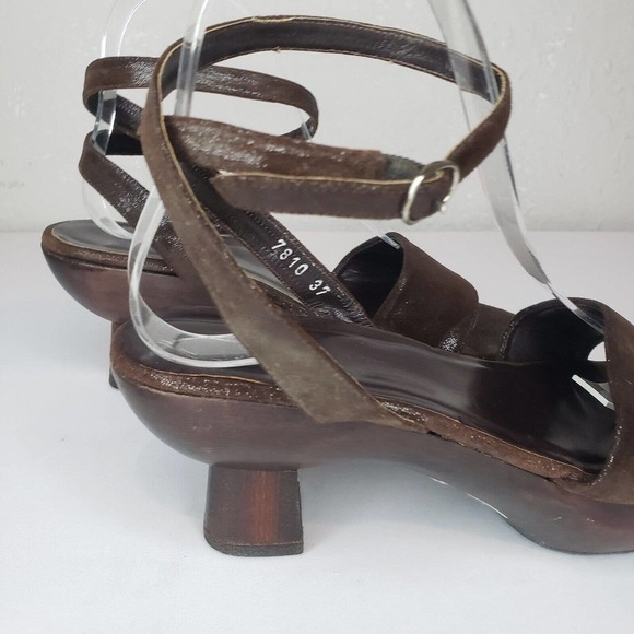 VERA PELLE Antique Japanese Wooden Shoes Asian Ankle Wrap Open Toe Sz 37 Brown - Picture 4 of 14